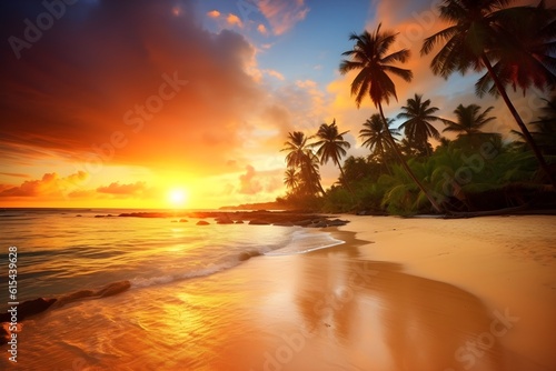 Beautiful sunset with tropical landscape, ai generated © Elena