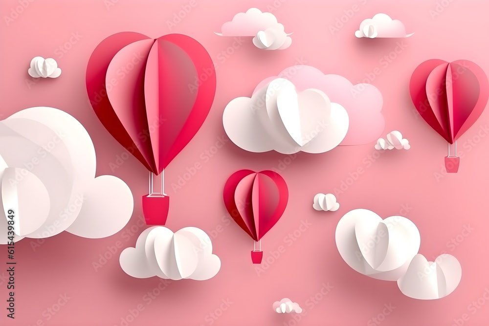 Cute background in paper style with white clouds and red air balloons, Valentines day concept banner, ai generated