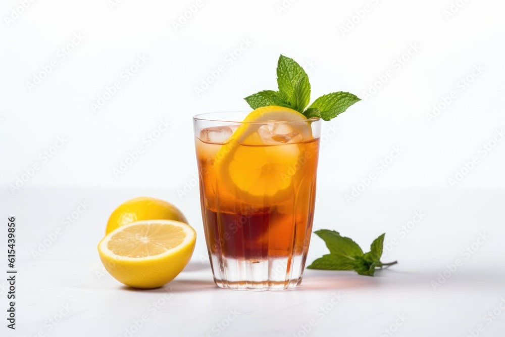 refreshing iced tea with lemon wedge and mint leaf on white background, created with generative ai refreshing iced tea with lemon wedge and mint leaf on white background, created with generative ai