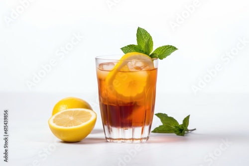 refreshing iced tea with lemon wedge and mint leaf on white background  created with generative ai