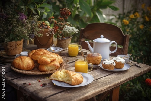 outdoor breakfast with hot coffee and pastries  created with generative ai