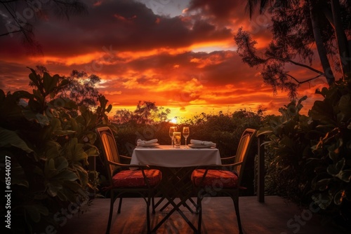 dramatic sunset with tabletop and seating for two  created with generative ai