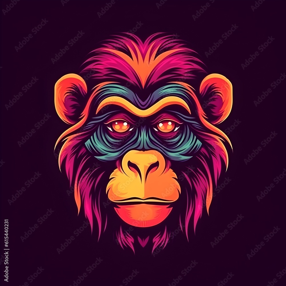 Monkey face in neon bright colors, ai generated Monkey face in neon bright colors, ai generated
