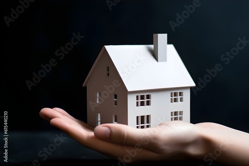 Hands with house toy  concept of bank credits or house insurance  ai generated
