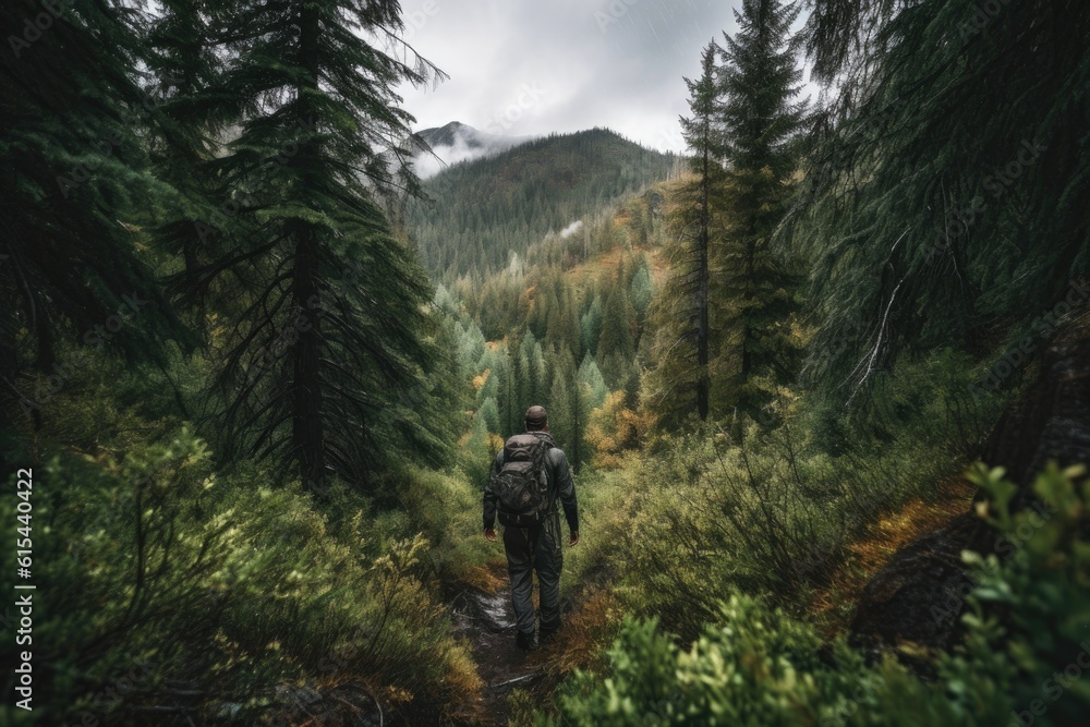Obraz premium person, lost in the wilderness, surrounded by towering trees and rugged terrain, created with generative ai