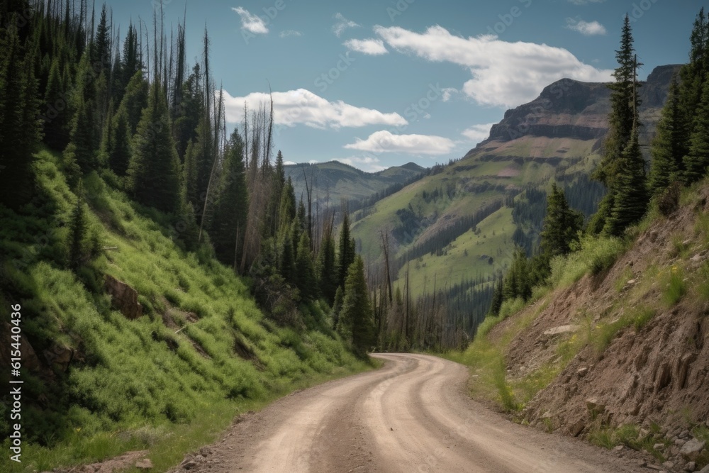 a road trip in the mountains with scenic views and hiking trails, created with generative ai