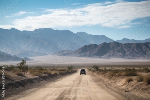 road trip on a dusty desert road  with mountains in the background  created with generative ai