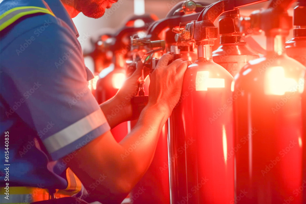 Engineer check the safety pin of fire extinguishers tank for safety