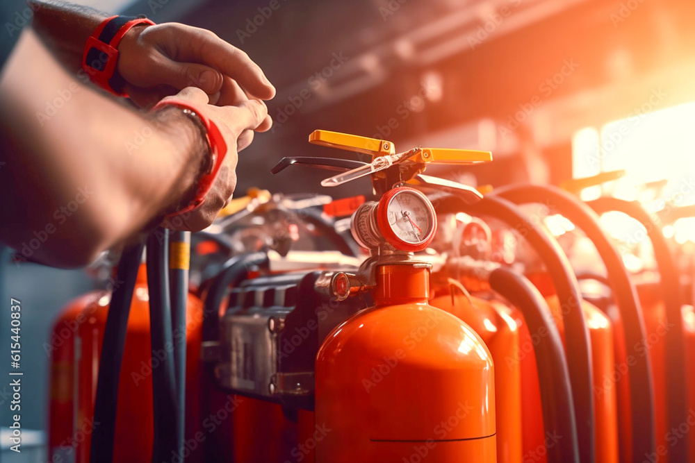 Engineer check the safety pin of fire extinguishers tank for safety