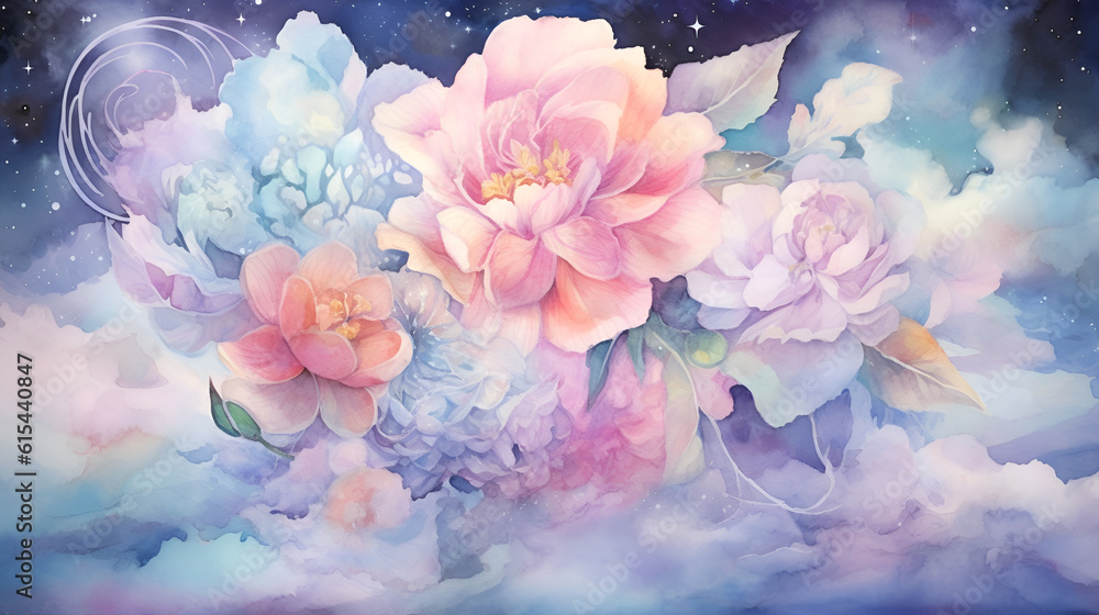 Fototapeta premium Beautiful watercolor galaxy background with cosmic flowers. Watercolor&nbsp;magical&nbsp;painting. AI illustration. For design of invitations, postcards, souvenirs, posters, for decorating.