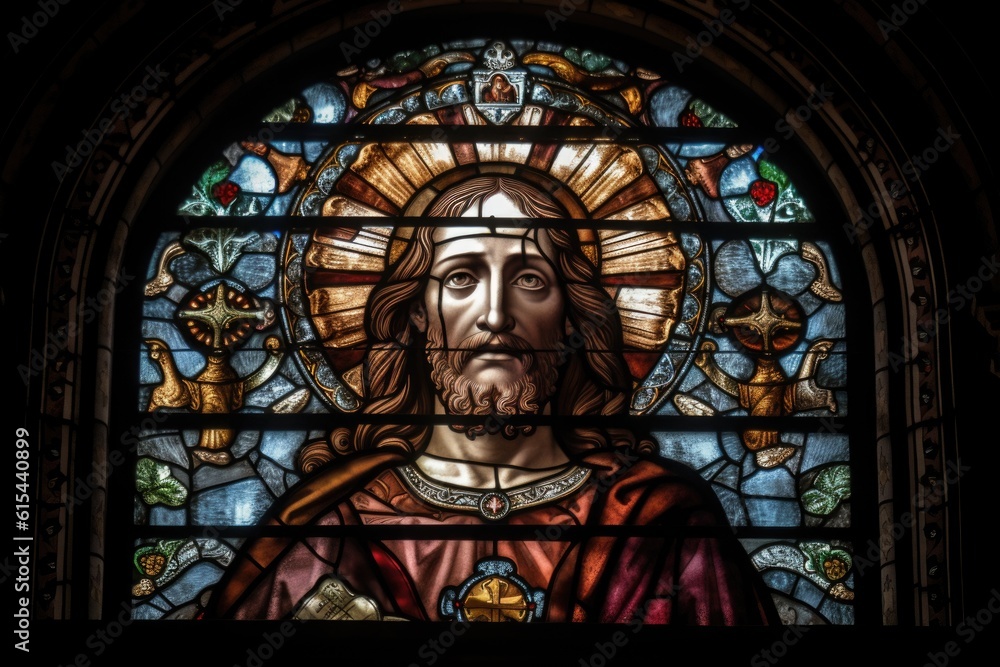 stained glass window, featuring the face of jesus, in a medieval church, created with generative ai