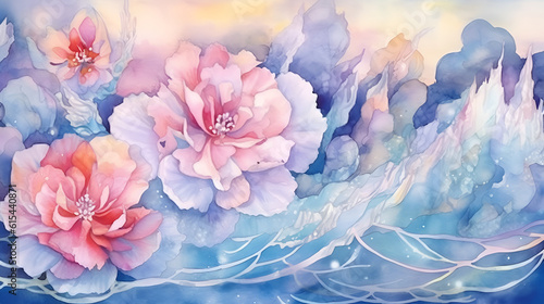 Beautiful watercolor galaxy background with cosmic flowers. Watercolor magical painting. AI illustration. For design of invitations, postcards, souvenirs, posters, for decorating.