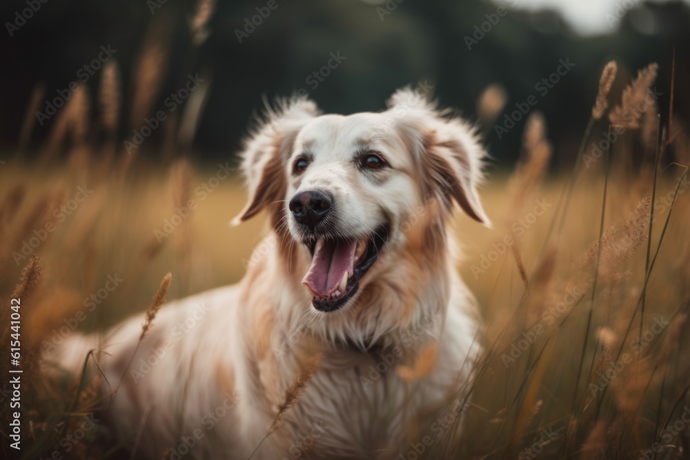 portrait of happy dog, with its tongue hanging out, sitting in front of green meadow, created with generative ai portrait of happy dog, with its tongue hanging out, sitting in front of green meadow, created with generative ai