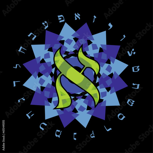 Vector illustration of the Hebrew alphabet in circular design. Hebrew letter called Aleph large.	