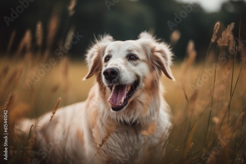 portrait of happy dog, with its tongue hanging out, sitting in front of green meadow, created with generative ai