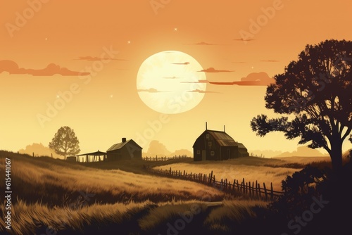 rural scene with sunset, featuring harvest moon and golden sky, created with generative ai photo