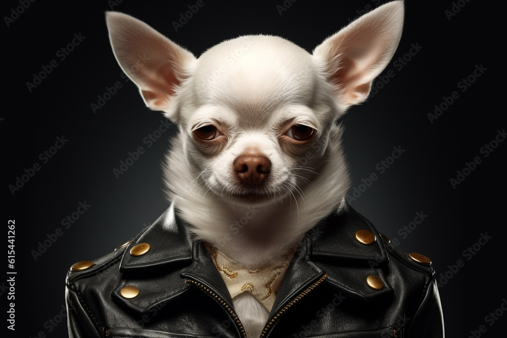 Playful charm of a funny and adorable chihuahua in a leather jacket in a delightful portrait session at the studio. Ai generated