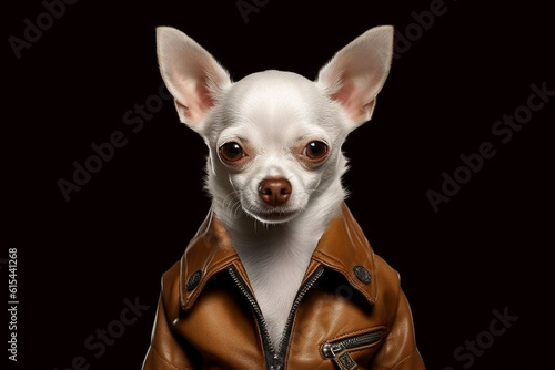 Playful charm of a funny and adorable chihuahua in a leather jacket in a delightful portrait session at the studio. Ai generated © dragomirescu