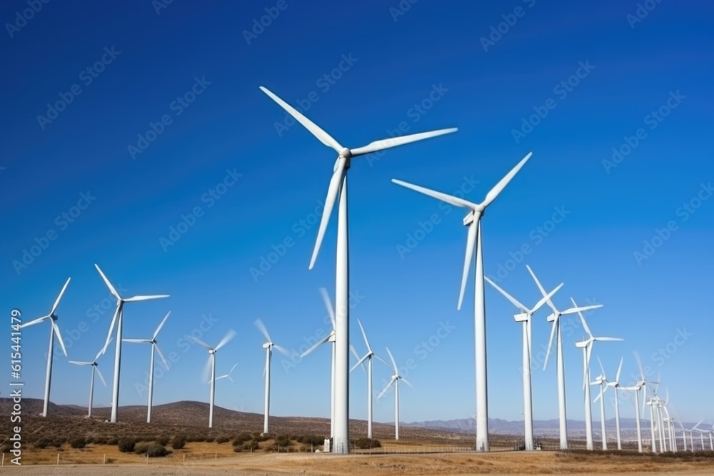 wind farm with turbines spinning in the wind on a clear blue sky, created with generative ai wind farm with turbines spinning in the wind on a clear blue sky, created with generative ai