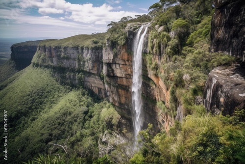 waterfall cascading over cliff  with view of the valley below  created with generative ai