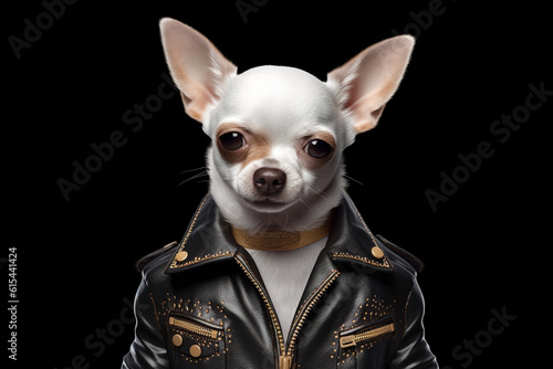 Playful charm of a funny and adorable chihuahua in a leather jacket in a delightful portrait session at the studio. Ai generated © dragomirescu