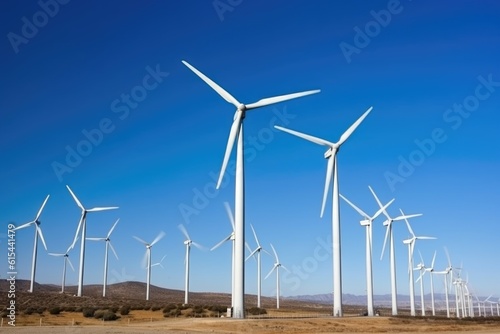 wind farm with turbines spinning in the wind on a clear blue sky, created with generative ai