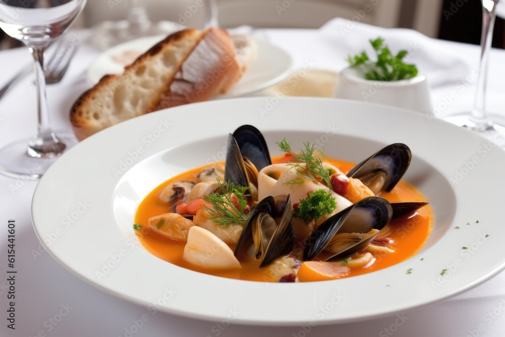 classic french dishes, like bouillabaisse and cassoulet, on a white plate, created with generative ai
