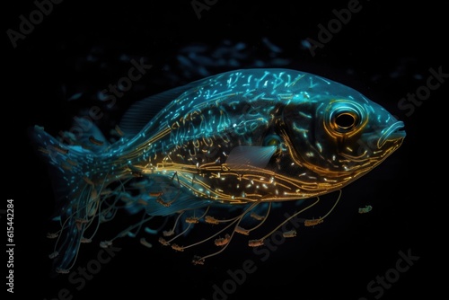 deep-sea creature swimming among schools of fish, with their bioluminescent patterns shining in the dark, created with generative ai