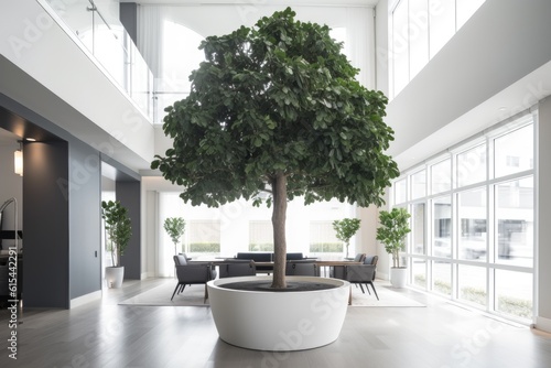 towering ficus tree in modern office setting, created with generative ai
