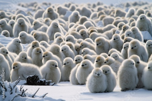 frozen tundra, with group of fluffy penguin chicks huddling for warmth, created with generative ai © Natalia