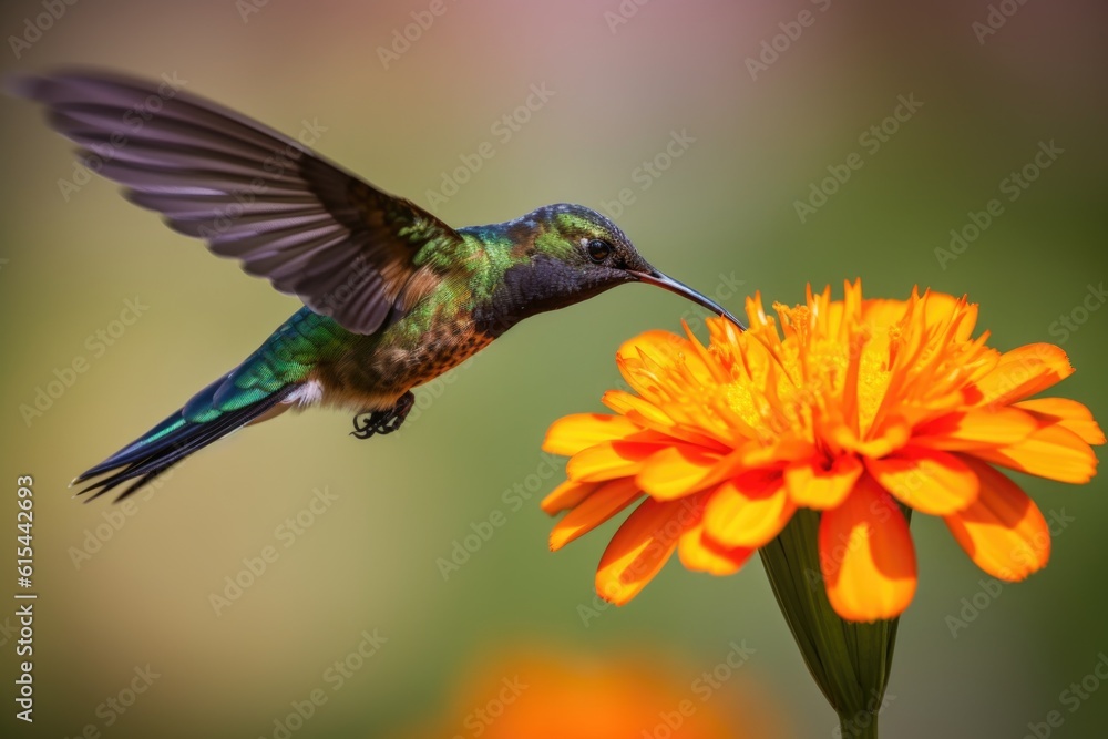 Fototapeta premium hummingbird hovering over colorful flower, taking in its beauty, created with generative ai