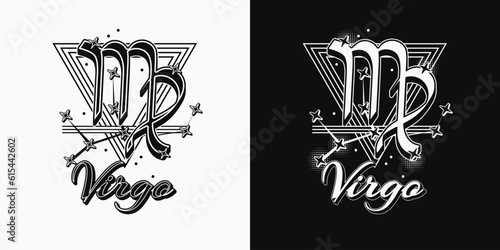 Monochrome icon of zodiac sign Virgo with constellation with stars, text, triangle as alchemical symbol for earth element. Horoscope esoteric elements. Vintage style.