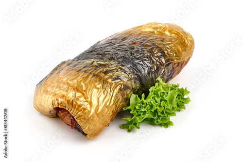 Cold smoked mackerel rollmop, close-up, isolated on white background.
