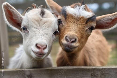two tiny goats head- each other in playful and comical display, created with generative ai photo