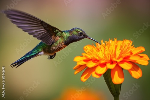 hummingbird hovering over colorful flower, taking in its beauty, created with generative ai © Natalia