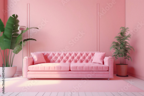A pink pastel colored sofa in a pink walls living room mock up.Generated by AI.