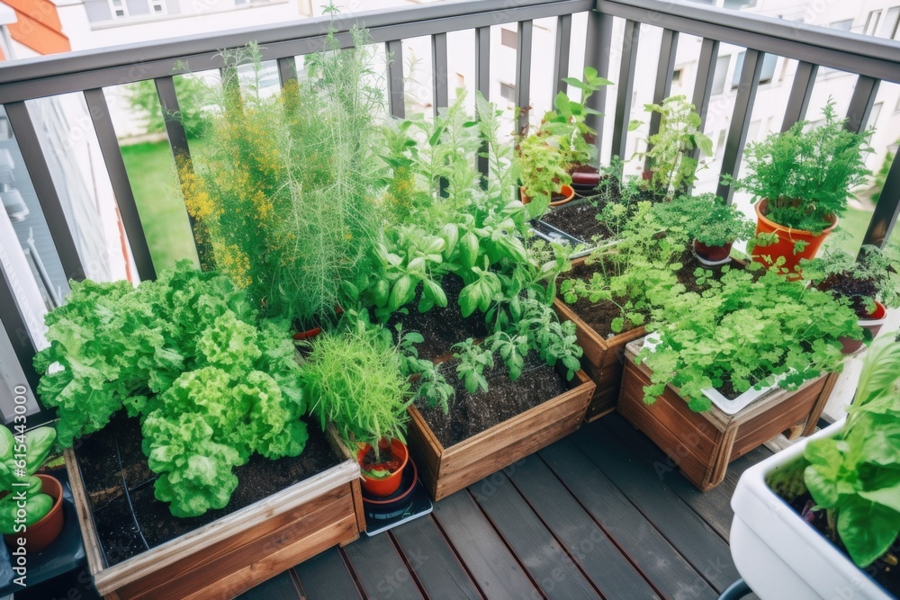 balcony garden with potted herbs and vegetables, ready to be harvested, created with generative ai