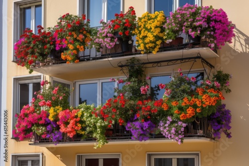 a colorful window garden overflowing with blooms on a modern apartment balcony  created with generative ai