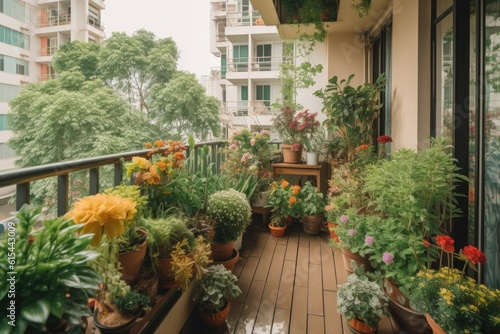 balcony garden filled with lush greenery and colorful flowers, created with generative ai