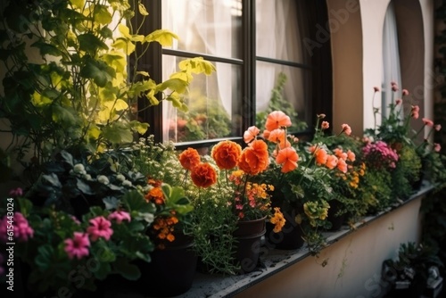 window garden with blooming flowers and herbs on terrace, created with generative ai