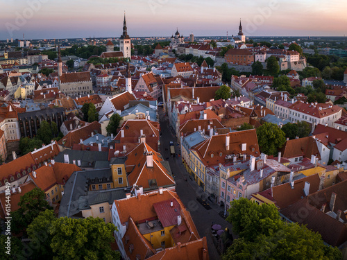 Tallinn from the air, View of the evening old town from a bird's eye view