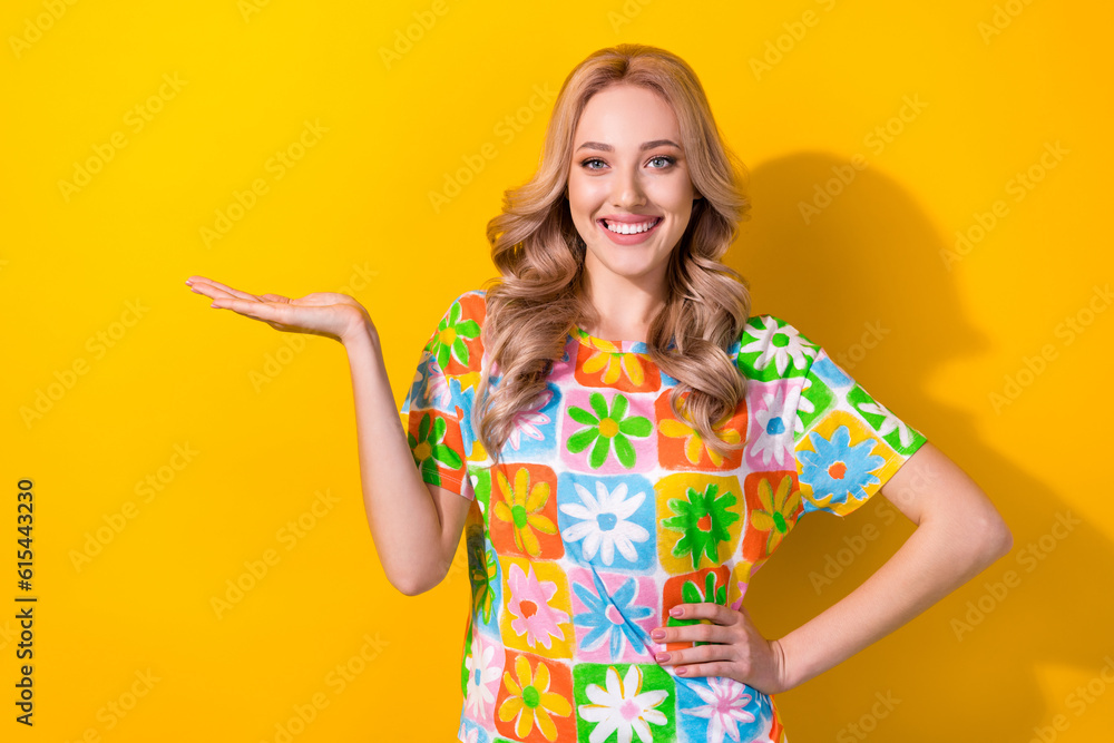 Photo of pretty confident woman showing novelty product at open arm palm wear print shirt isolated yellow color background