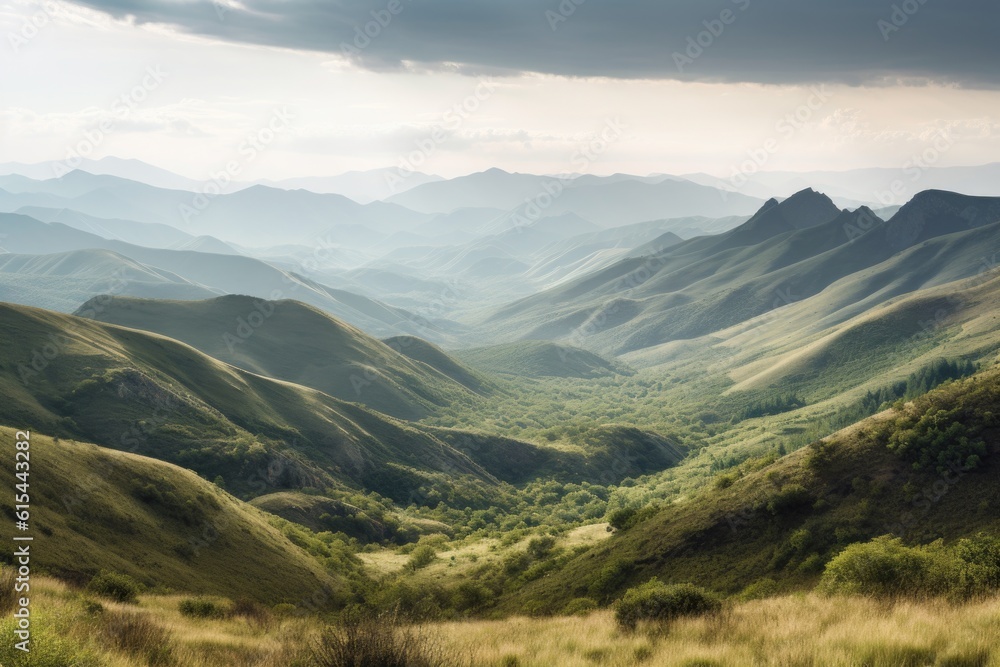Naklejka premium majestic mountain range with rolling hills in the background, created with generative ai