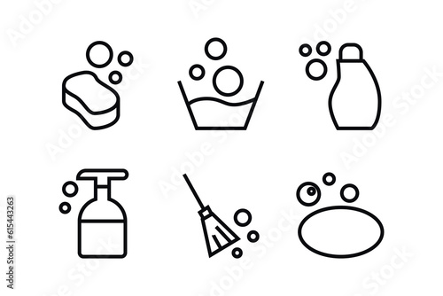 flat cleaning web icons in line style such as washing, sponge, washing dishes, hand soap, liquid, spray, stain remover icons for report, presentation, diagram, web design.