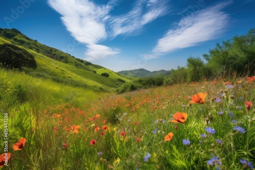 rolling hills with blooming wildflowers, surrounded by blue sky, created with generative ai