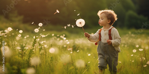Süßes Kind auf der Wiese mit Pusteblumen und fliegen, ai generativ