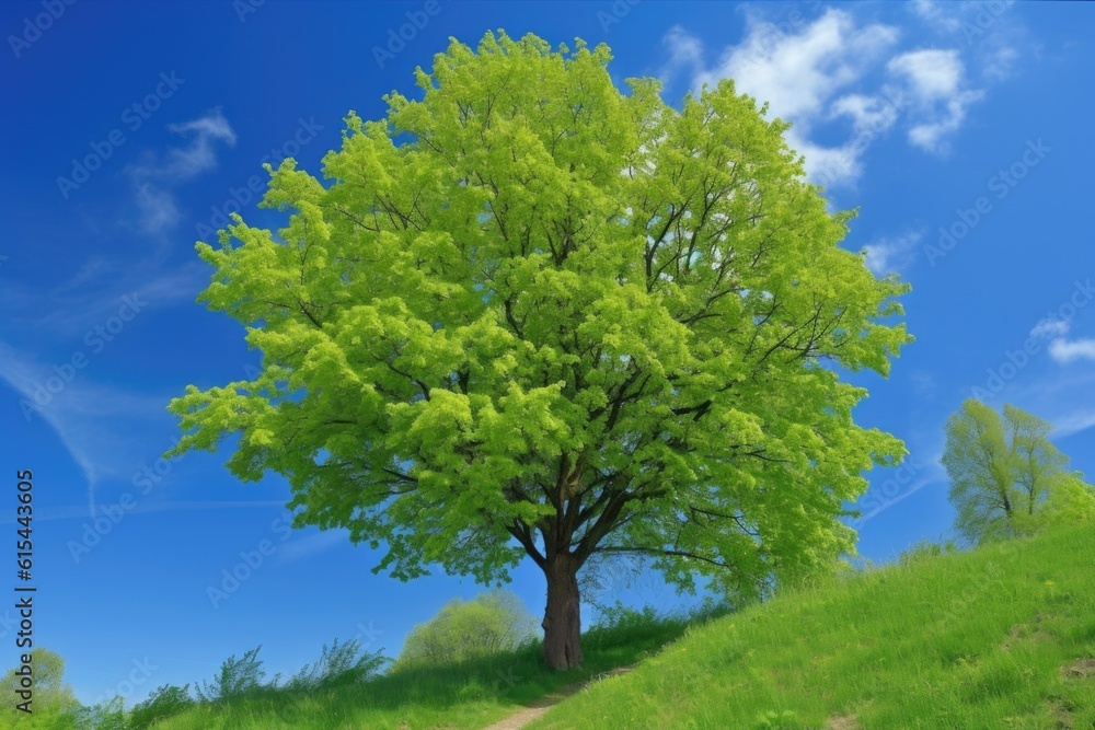 tree with vibrant green sprouting leaves, set against blue sky, created with generative ai tree with vibrant green sprouting leaves, set against blue sky, created with generative ai