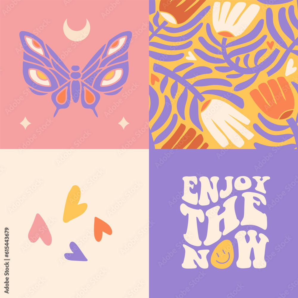 Set of 4 square groovy retro 70s style cards with retro lettering text Enjoy the now, anstract flowers and butterfly. Cool Hippie Prints ideas for Poster, Wall Art. Flat vector illustration. Set of 4 square groovy retro 70s style cards with retro lettering text Enjoy the now, anstract flowers and butterfly. Cool Hippie Prints ideas for Poster, Wall Art. Flat vector illustration.