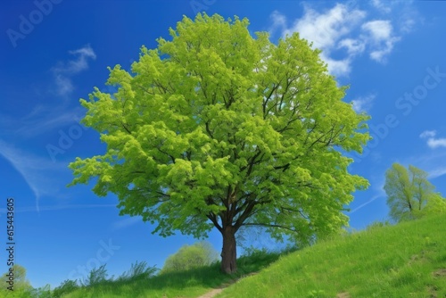 tree with vibrant green sprouting leaves, set against blue sky, created with generative ai