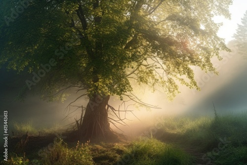 sprouting tree in the morning mist, with rays of sunlight breaking through, created with generative ai